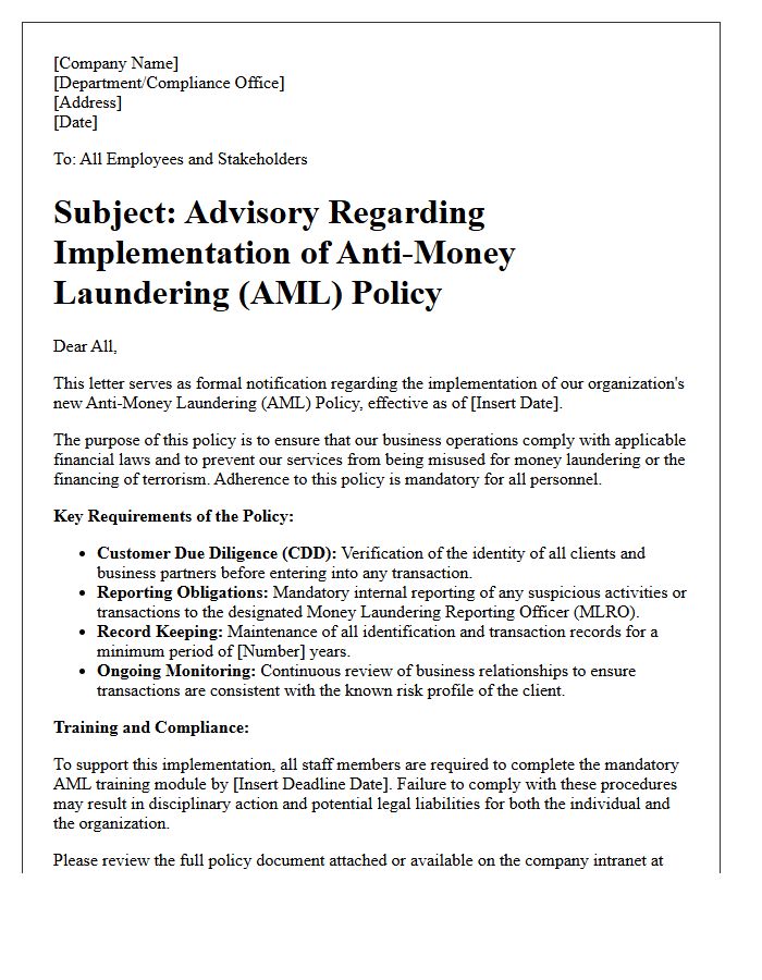 Initial Anti-Money Laundering Policy Implementation Advisory Letter