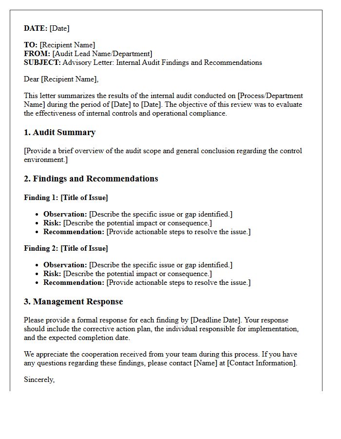 Internal Audit Findings and Recommendations Advisory Letter