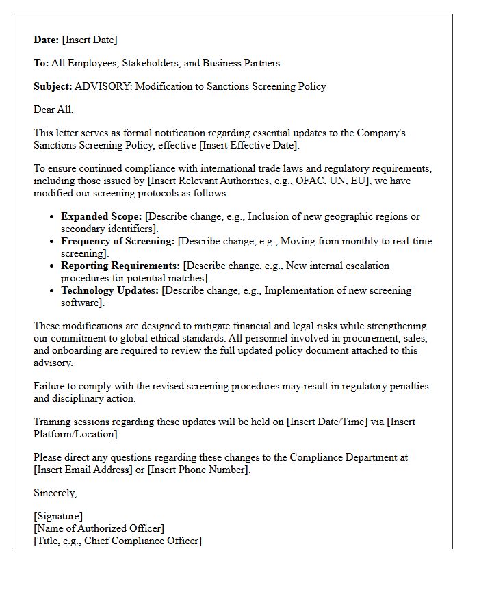 Sanctions Screening Policy Modification Advisory Letter