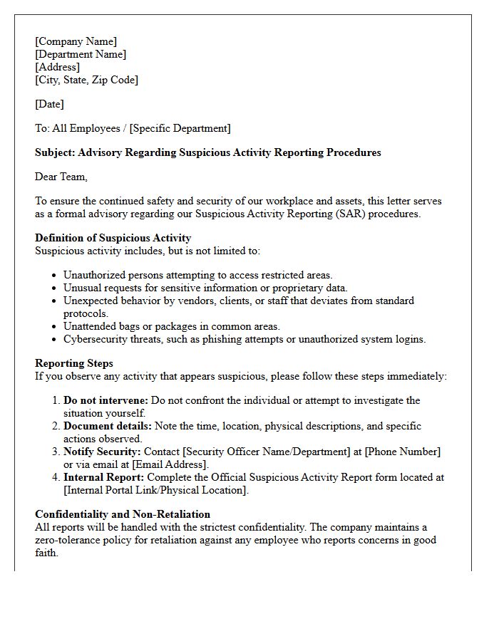 Suspicious Activity Reporting Procedure Advisory Letter