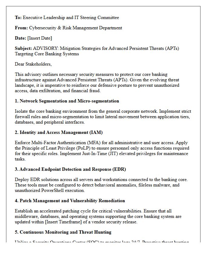Advanced Persistent Threat Mitigation Advisory Letter for Core Banking Systems