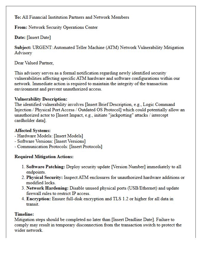 Automated Teller Machine Network Vulnerability Mitigation Advisory Letter
