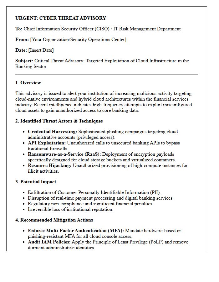 Cloud Infrastructure Cyber Threat Advisory Letter for Banks