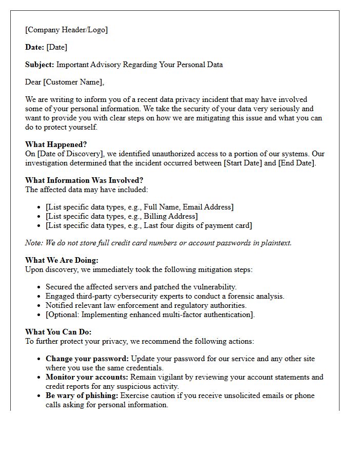 Customer Data Privacy Mitigation Advisory Letter