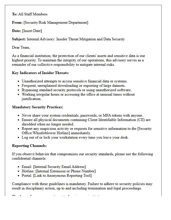 Internal Insider Threat Mitigation Advisory Letter for Financial Institutions