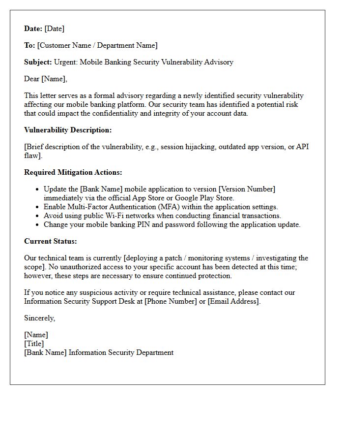 Mobile Banking Vulnerability Mitigation Advisory Letter