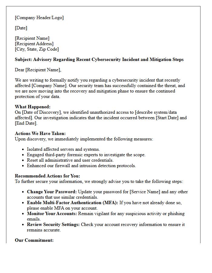 Post-Incident Cybersecurity Mitigation Advisory Letter