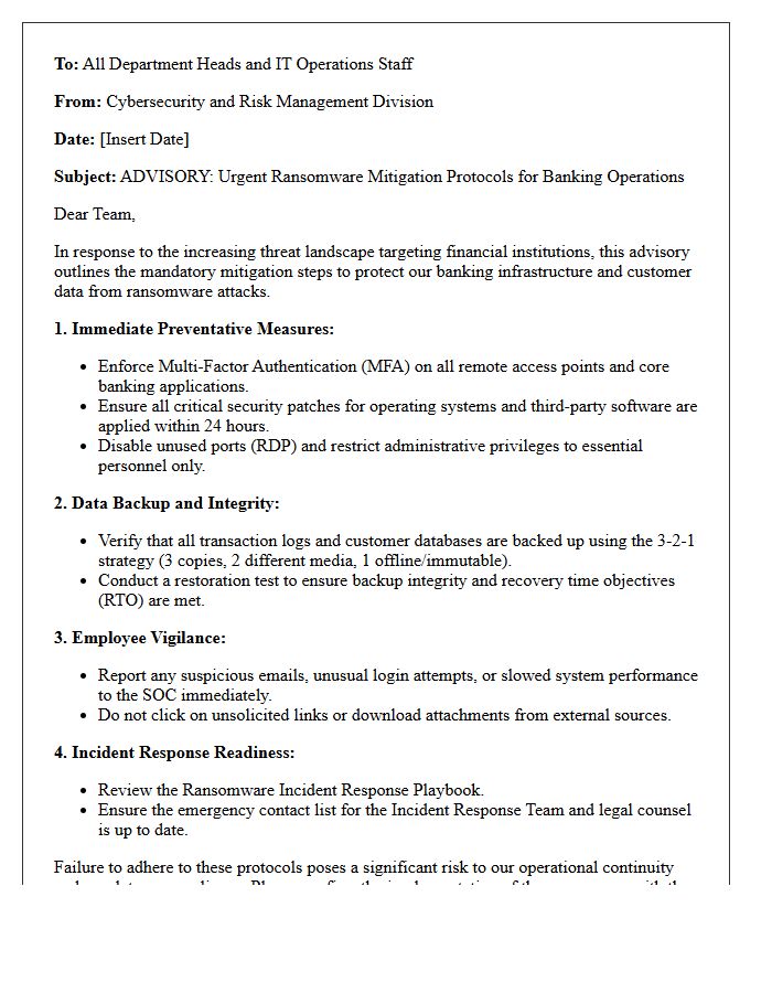 Ransomware Attack Mitigation Advisory Letter for Banking Operations