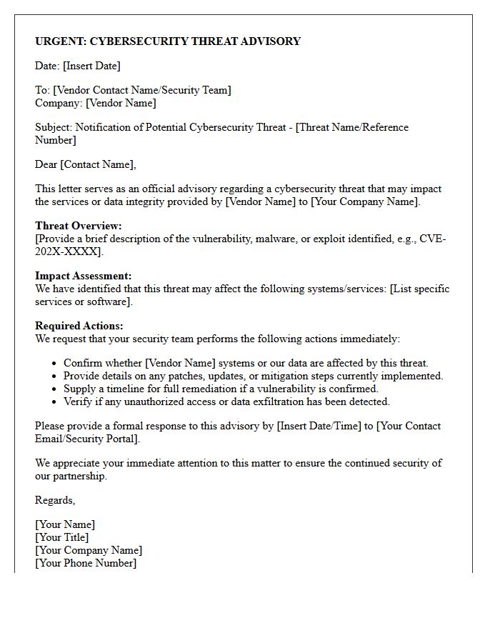 Third-Party Vendor Cybersecurity Threat Advisory Letter