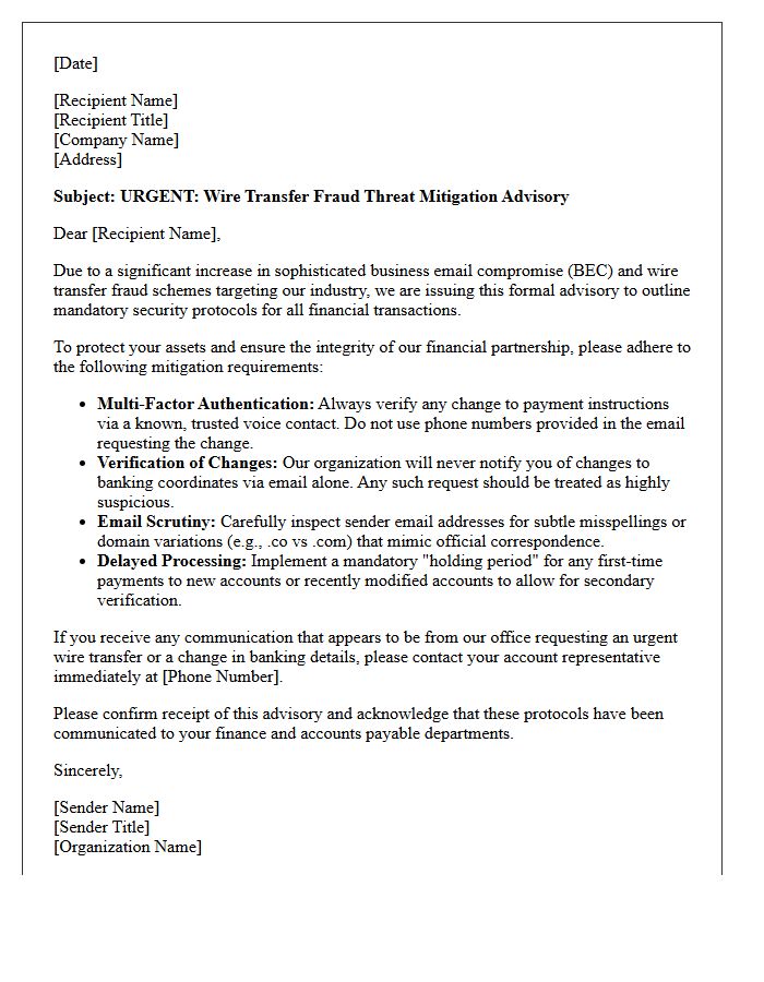 Wire Transfer Fraud Threat Mitigation Advisory Letter