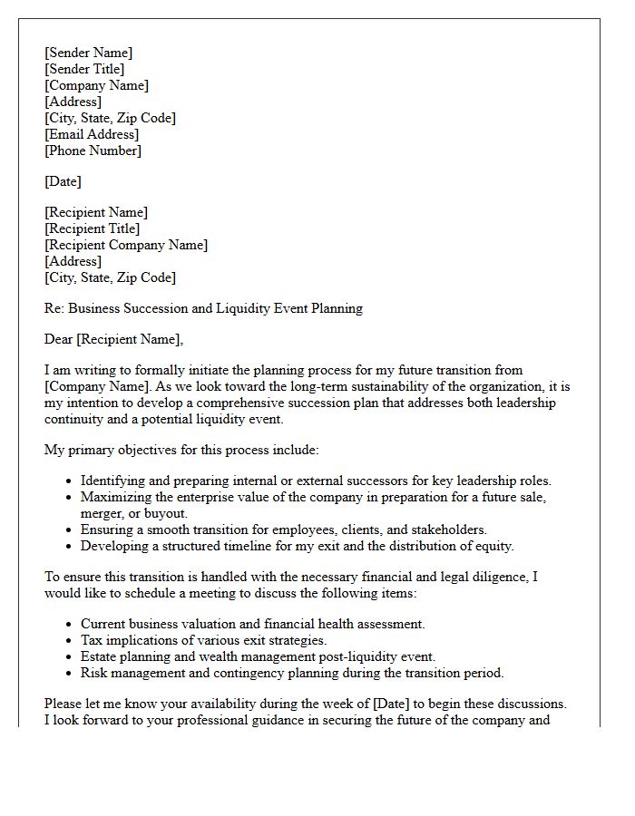 Business Succession and Liquidity Event Planning Letter