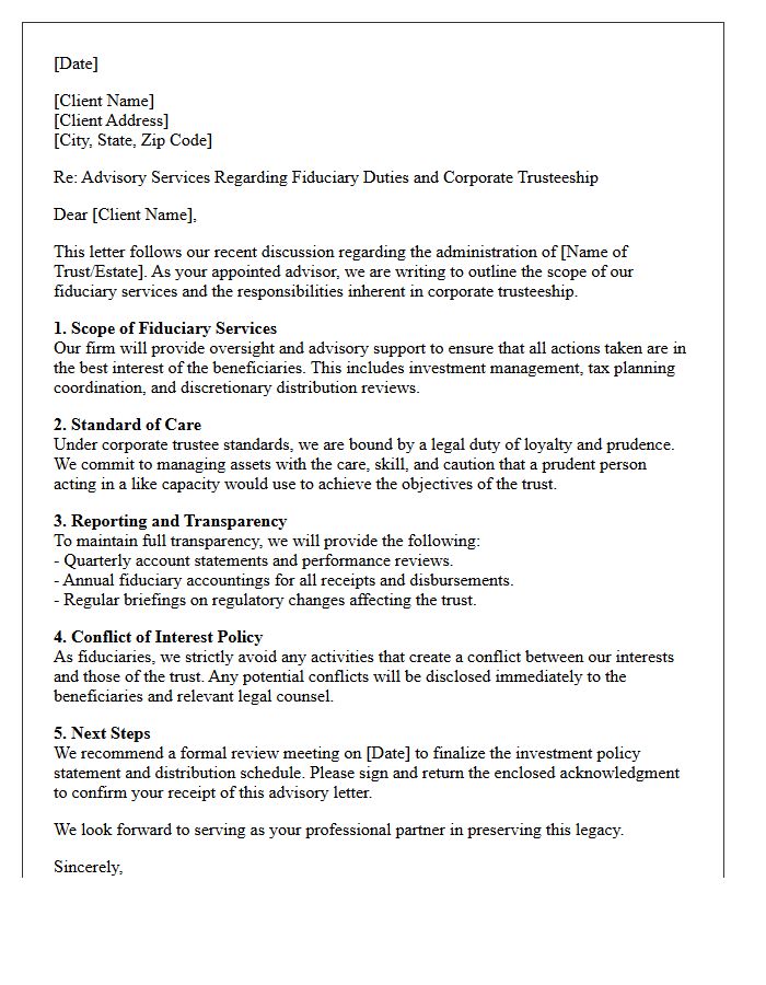 Fiduciary Services and Corporate Trustee Advisory Letter