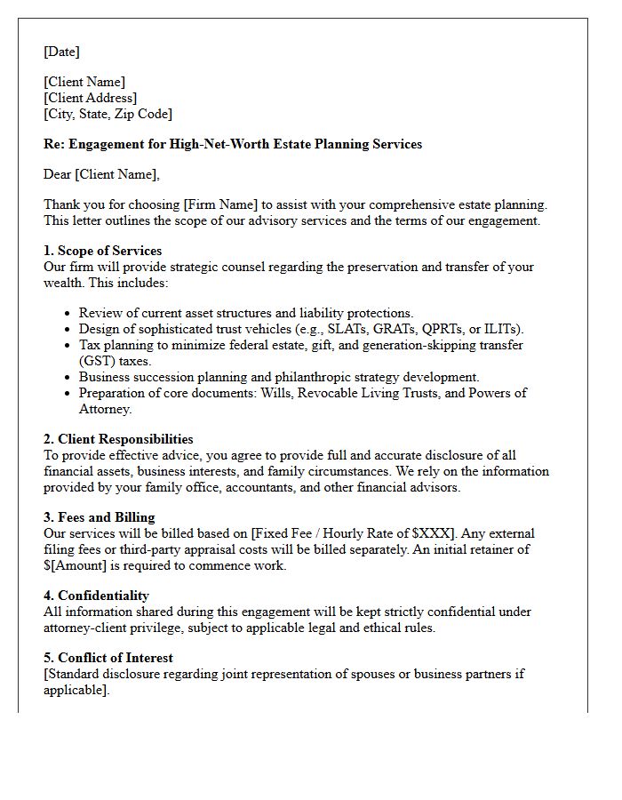 High-Net-Worth Estate Planning Engagement Advisory Letter