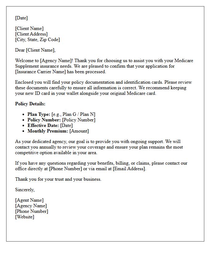 Standard Medicare Supplement Agency Welcome Letter