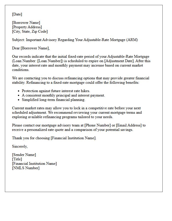 Adjustable Rate Mortgage Refinancing Advisory Letter