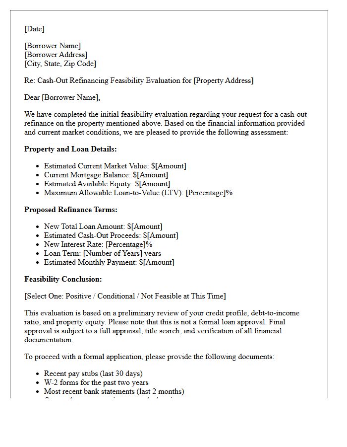 Cash-Out Refinancing Feasibility Evaluation Letter