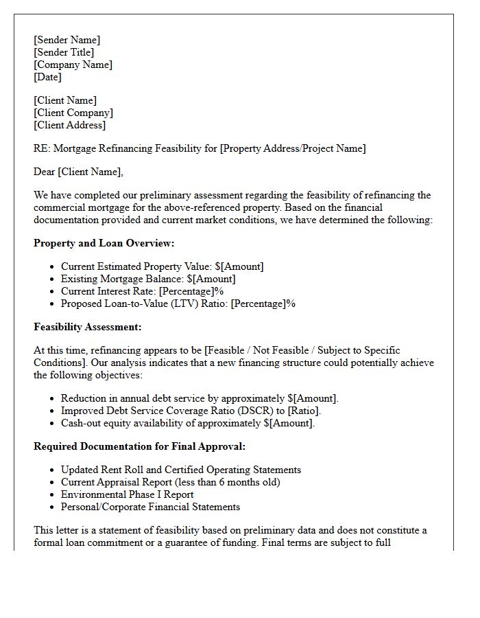 Commercial Mortgage Refinancing Feasibility Letter