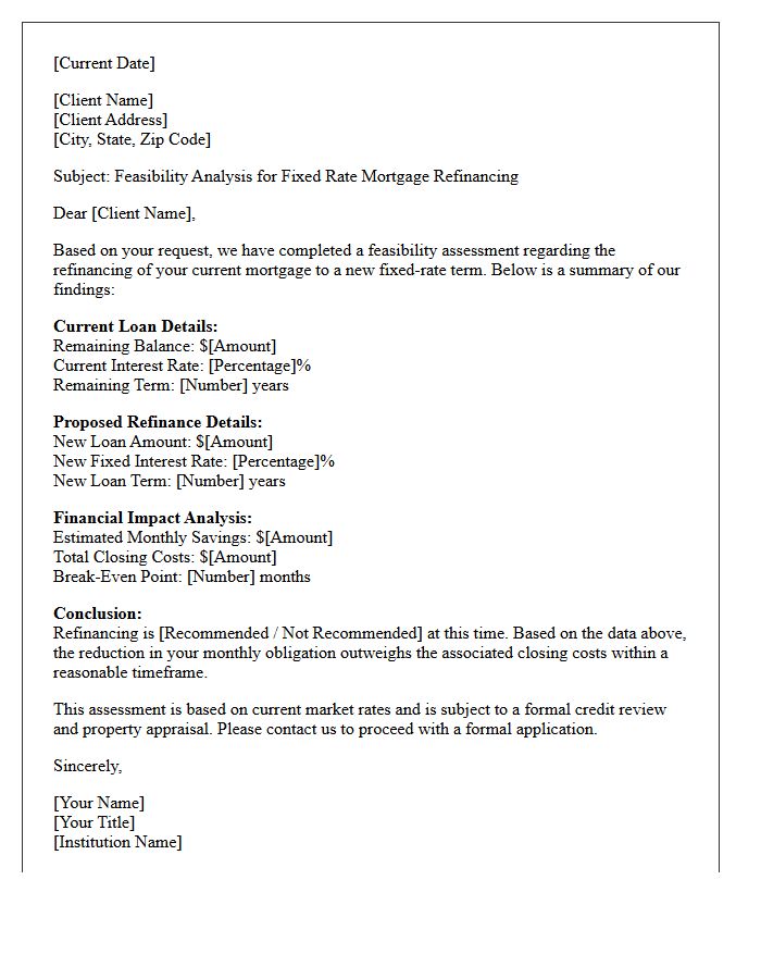 Fixed Rate Mortgage Refinancing Feasibility Letter