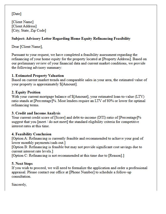 Home Equity Refinancing Feasibility Advisory Letter