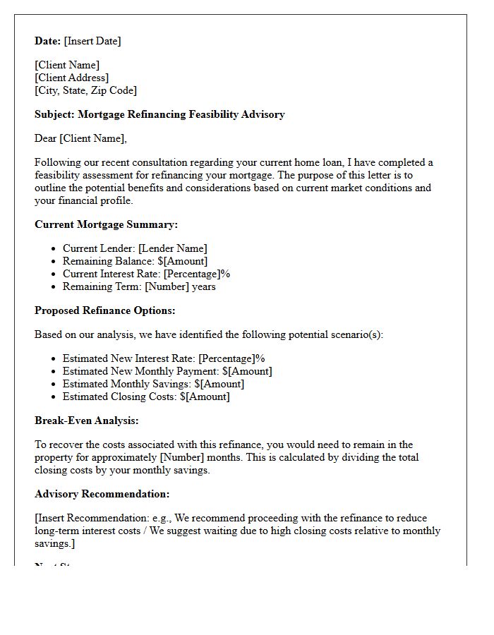 Mortgage Refinancing Feasibility Advisory Letter