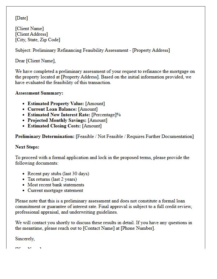 Preliminary Refinancing Feasibility Assessment Letter