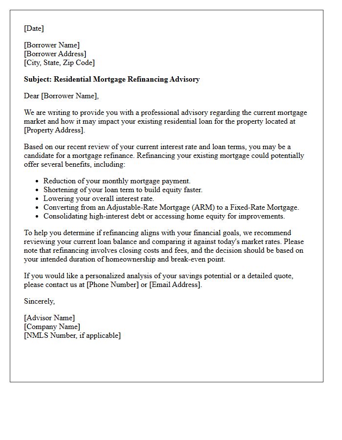 Residential Mortgage Refinancing Advisory Letter
