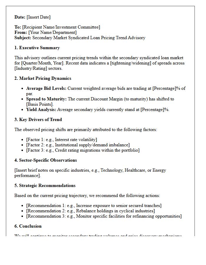 Secondary Market Syndicated Loan Pricing Trend Advisory Letter