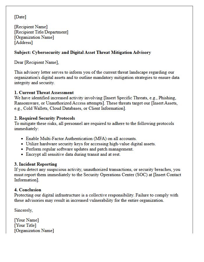 Cybersecurity and Digital Asset Threat Mitigation Advisory Letter