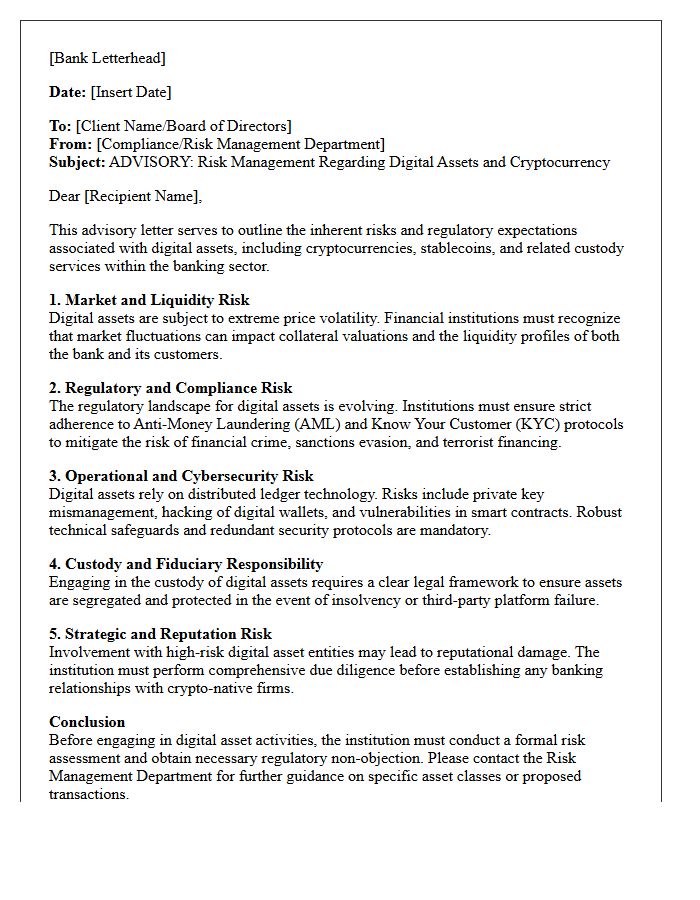 Digital Asset and Cryptocurrency Risk Advisory Letter for Banking Institutions