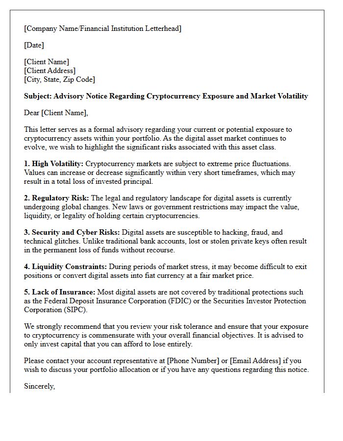 Letter of Advisory on Cryptocurrency Exposure and Volatility Risks