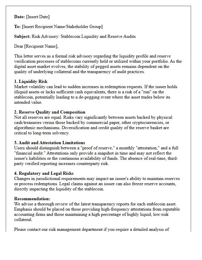 Letter of Risk Advisory Concerning Stablecoin Liquidity and Reserve Audits