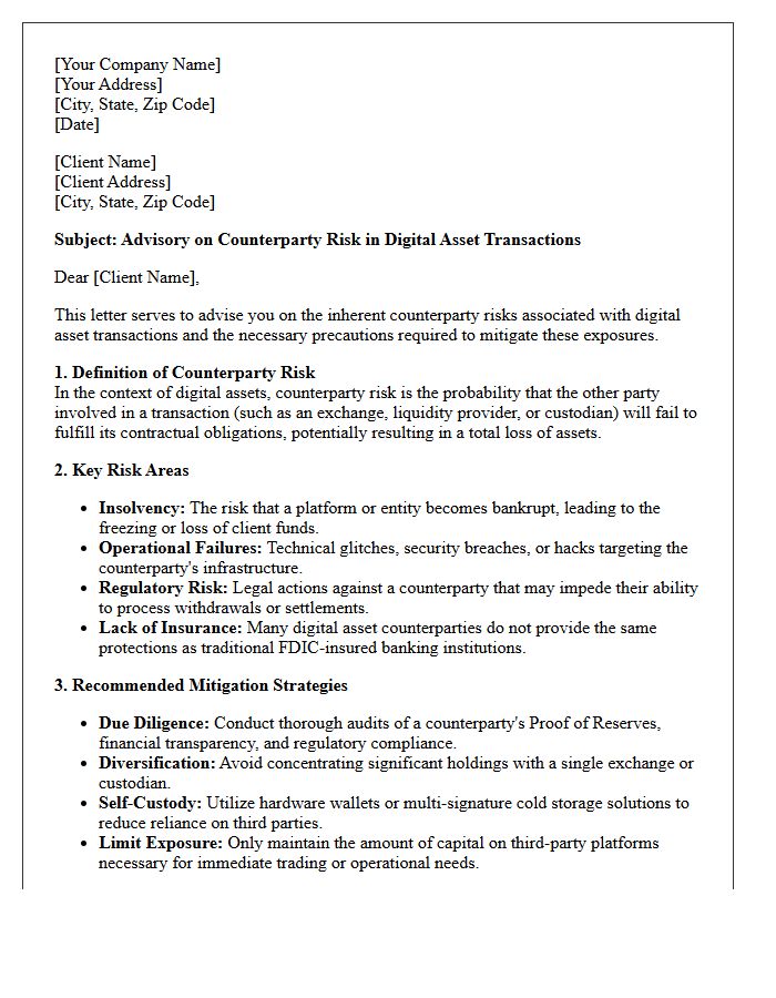 Letter on Counterparty Risk Advisory in Digital Asset Transactions