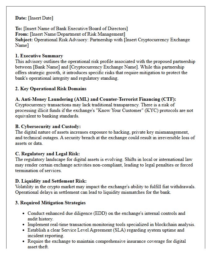 Operational Risk Advisory Letter for Banking Cryptocurrency Exchange Partnerships