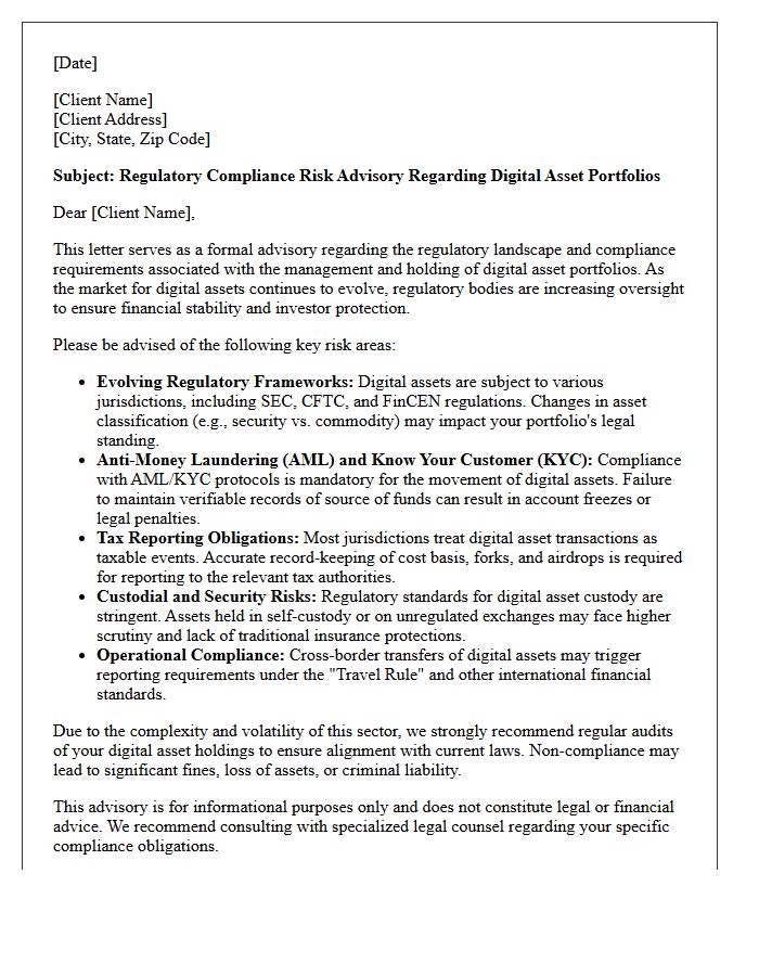 Regulatory Compliance Risk Advisory Letter Regarding Digital Asset Portfolios
