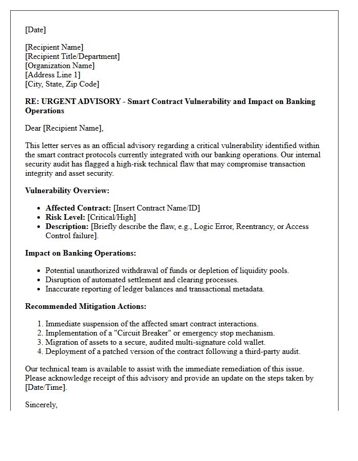 Smart Contract Vulnerability and Banking Operations Advisory Letter