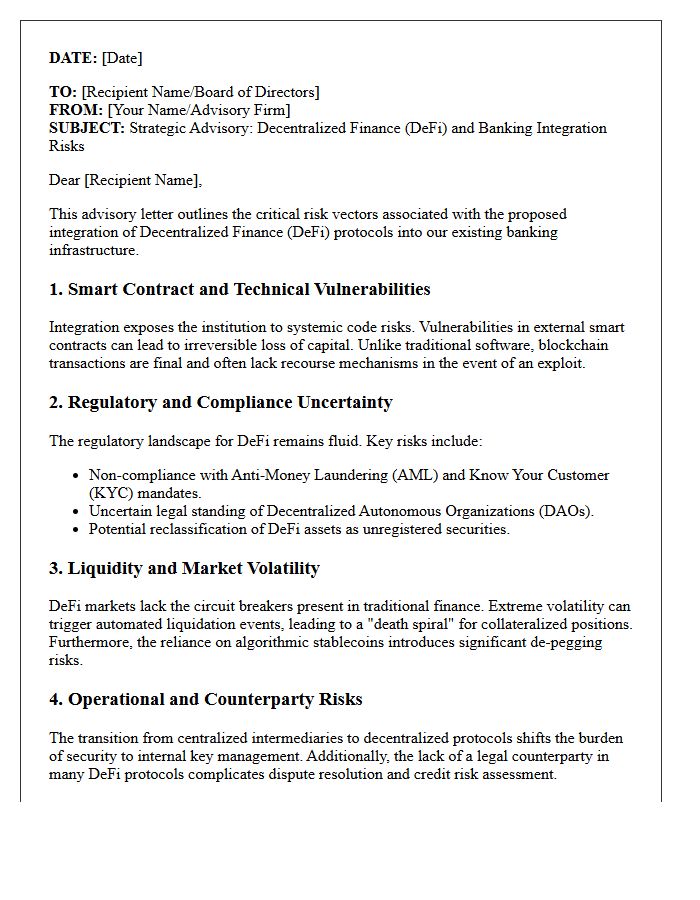 Strategic Advisory Letter on Decentralized Finance and Banking Integration Risks