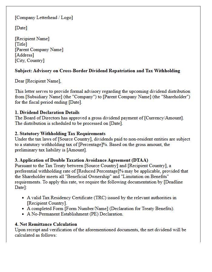 Cross-Border Dividend Repatriation Tax Withholding Advisory Letter