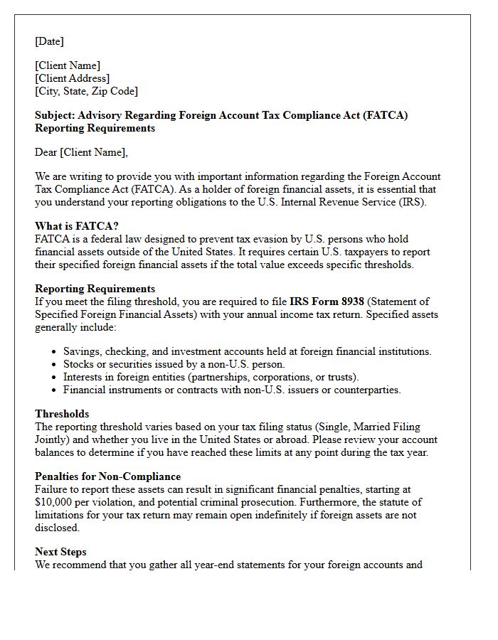 Foreign Account Tax Compliance Act Reporting Advisory Letter