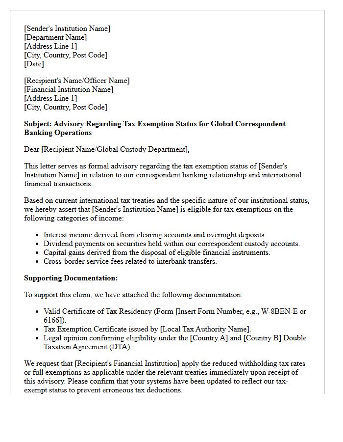 Global Correspondent Banking Tax Exemption Advisory Letter