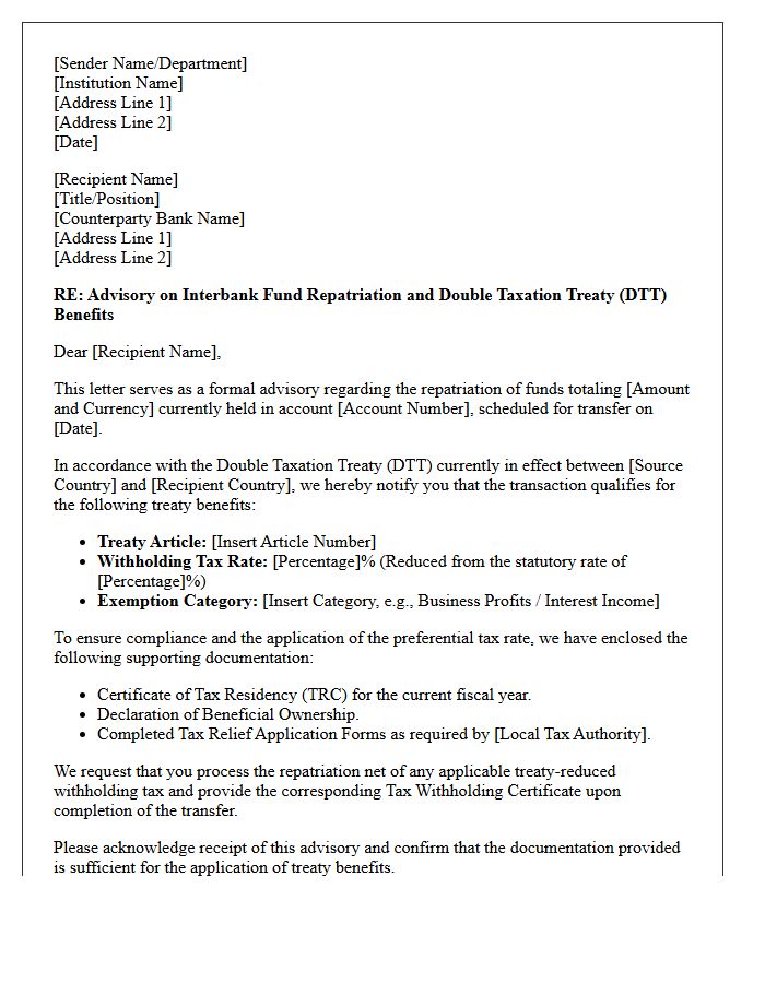 Interbank Fund Repatriation Double Taxation Treaty Advisory Letter