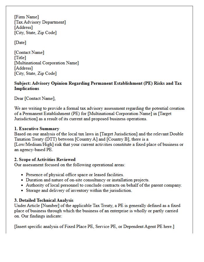 Multinational Corporate Account Permanent Establishment Tax Advisory Letter
