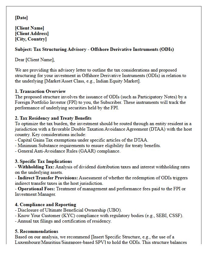 Offshore Derivative Instruments Tax Structuring Advisory Letter