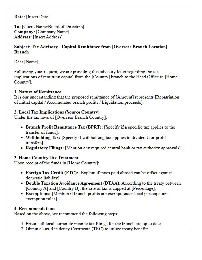 Overseas Branch Capital Remittance Tax Advisory Letter