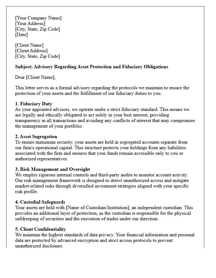 Client Asset Protection and Fiduciary Duty Advisory Letter