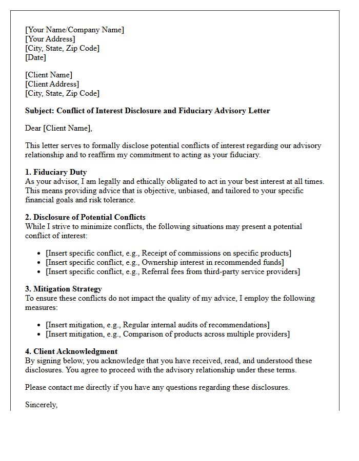 Conflict of Interest Disclosure and Fiduciary Advisory Letter