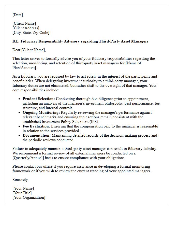 Fiduciary Responsibility Advisory Letter Concerning Third-Party Asset Managers