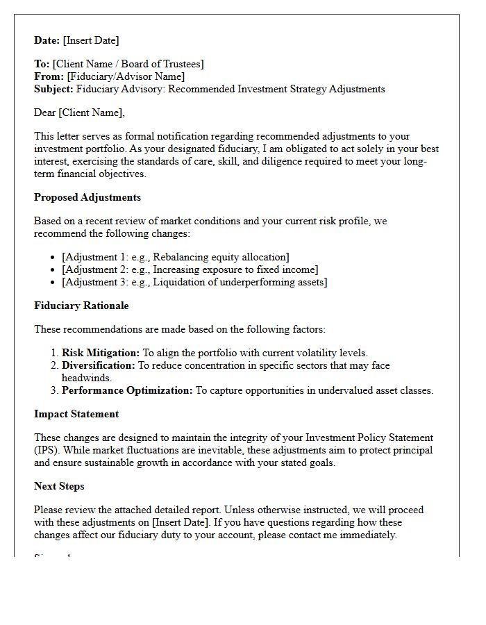 Fiduciary Responsibility Advisory Letter on Investment Strategy Adjustments