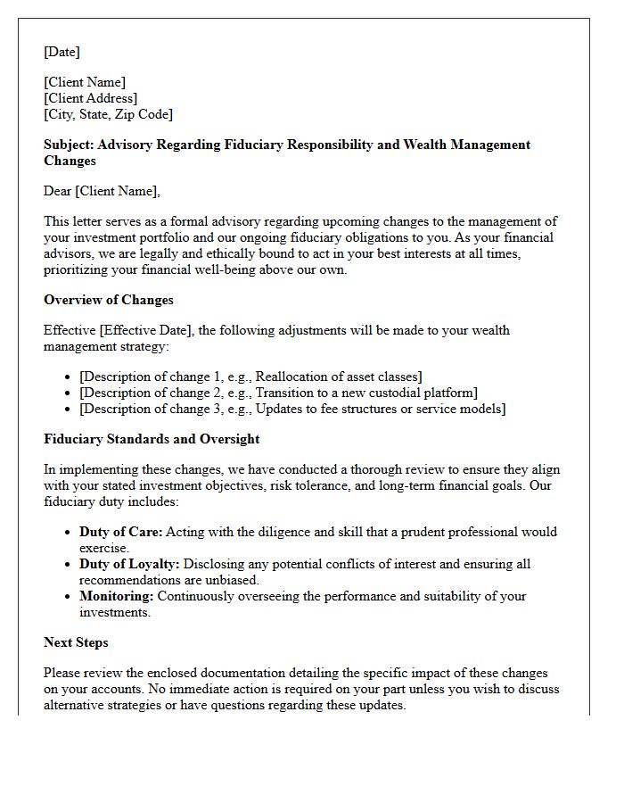 Fiduciary Responsibility Advisory Letter Regarding Wealth Management Changes