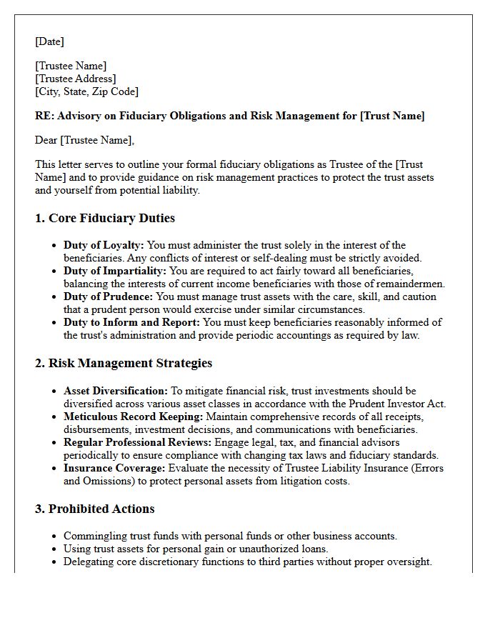 Trustee Fiduciary Obligations and Risk Management Advisory Letter