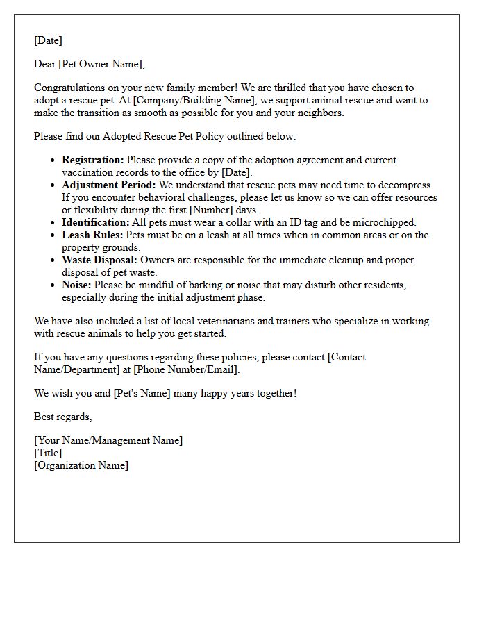 Adopted Rescue Pet Policy Welcome Letter